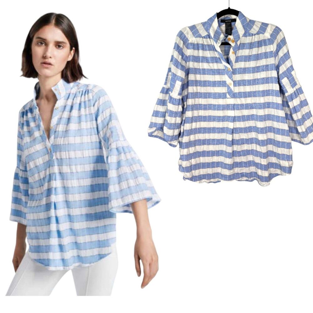 Smythe Blue White Plaid Gauzy Gauze Henley Blouse Women's Size Small